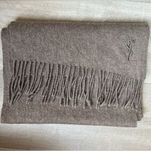 YSL Yves Saint Laurent Beige 100% Cashmere Logo Fringe Scarf